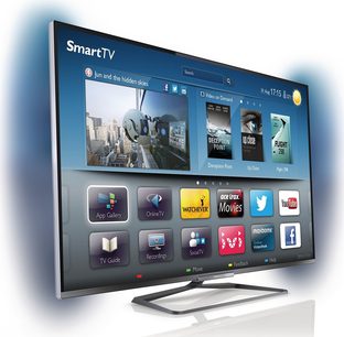 Philips 60PFL6008H fladskærms-TV, set forfra, der viser SmartTV-brugergrænsefladen med forskellige apps