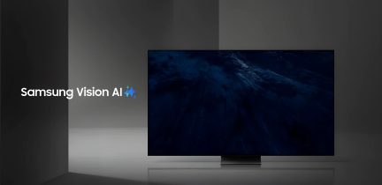 Samsung Vision AI fladskærms-tv i sort med tynde kanter på et møbel set forfra