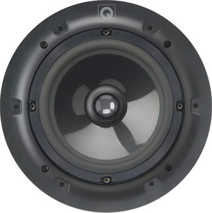 Indbygget loftshøjttaler Q Acoustics Qi65SP i sort og grå, lavet af plast og metal, cirkulær form med synlige skruer, gråt vævet kegle og skinnende centralt dome, set forfra