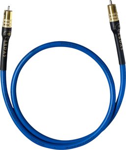 Digitální koaxiální kabel Cardas Clear Digital 1m, modrý, pozlacené RCA konektory, černé manžety s logem a textem, pohled shora
