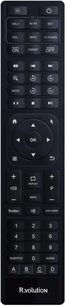 Télécommande noire R_volution Player One 8K avec touches numériques, de navigation et de contrôle multimédia