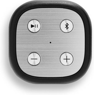 Ηχεία Bluetooth Roberts Reunion, άποψη από πάνω, ασημί βουρτσισμένο αλουμινένιο πάνελ με μαύρο περίγραμμα, 4 στρογγυλά κουμπιά και κεντρικό LED
