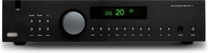 Integreret Arcam FMJ-A38 sort hi-fi stereoforstærker, frontpanel med grøn "Vol 20"-display, knapper og stik, set forfra