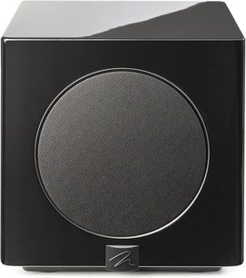 Přední pohled na černý lesklý subwoofer MartinLogan Abyss 8 s kruhovou mřížkou a logem dole
