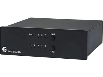 Conversor de áudio DAC Pro-Ject DAC Box S2+ preto, painel frontal com LEDs indicadores e dois botões Input e Filter