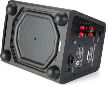 Subwoofer GoldenEar ForceField 3 preto, vista frontal, com 4 alto-falantes redondos e um painel de controle vermelho