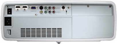 Sanyo PLV-Z700 hvid videoprojektor, set forfra, tilslutninger til venstre, ventilationsgitre, kontrolknapper til højre