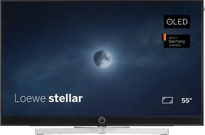 Loewe Stellar 55 DR+ must teler, eestvaade, õhukese raamiga OLED-ekraan hõbedase integreeritud heliribaga