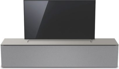 TV nábytek v matné a lesklé tmavě šedé barvě Just By Spectral Bravo JSB2044, pohled zepředu, černá TV obrazovka, šedý obdélníkový podstavec