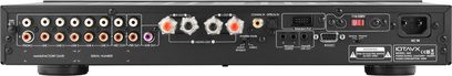 Rückseite des schwarzen IOTAVX SA3 Stereo-Vollverstärkers mit vollständiger Audioanschlussleiste, Trigger-Ports, RS232C und Netzstromversorgung