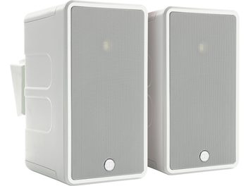 Altavoces exteriores Monitor Audio Climate 60 blancos, rectangulares, rejillas metálicas, soportes de montaje en pared integrados