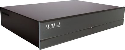 Isol-8 Minisub Wave strømfilter svart, rektangulært hi-fi-kabinett med børstet svart front og sentralt hvitt LED-lys