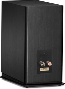 Altavoz de estantería Triangle Solstice 3 negro, vista trasera con bornes rojo y blanco y acabado veteado