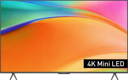 Panasonic TV-85W95BEG sort fjernsyn med tynd metalramme set forfra, glas-skærm der viser en flerfarvet gradient med 4K Mini LED-mærkat nederst til højre, stående på to skråstillede sideben