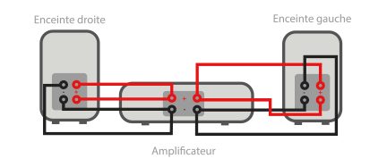 Schema di un amplificatore audio con diffusore destro e sinistro, connessioni con cavi rossi e neri