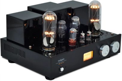 Line Magnetic LM-845IA sort hi-fi rørforstærker, frontvisning, 4 oplyste rør, 2 skalaer, knapper og stik på forsiden