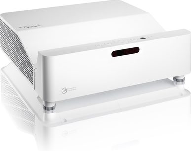 Optoma GT3500HDR beyaz videoprojektör, ön üç çeyrek görünümü, ön panel, üst ve sağ taraf görünür