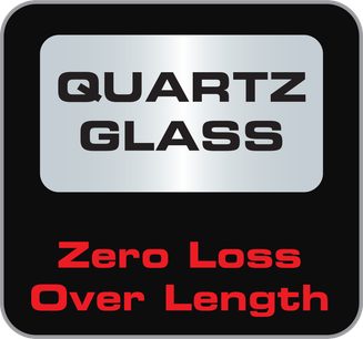HDMI-kabel Audioquest Root Beer 18Gbps 10m, frontvisning, hvid tekst på sort baggrund "QUARTZ GLASS Zero Loss Over Length"