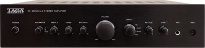 Hi-fi stereo forstærker Taga Harmony TA-250MIC v2, set forfra, justeringsknapper til volumen, diskant, bas, balance, indgange, mikrofonvolumen, ekko, mikrofon- og MP3-stik