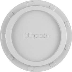 Weiße Klipsch PRO-160-RPC Einbau-Deckenlautsprecher, Frontansicht mit kreisförmigem Gitter und mittigem Logo