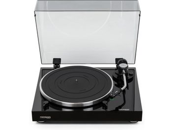 Gramofonová deska Thorens TD 204 A v černém laku, pohled shora, otevřené víko, rameno s přenoskou