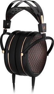 Atviras laidinis hi-fi ausinės Audeze CRBN2, šoninis vaizdas, juodas perforuotas lankelis, apvalios ausinės, metalinė grotelė
