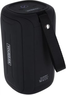 Bluetooth-højttaler Yourban Getone 35 sort, set fra vinkel, cylindrisk form, centralknap, sort rem, synligt logo