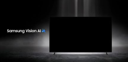 Sort Samsung-fladskærms-tv på slanke ben med teksten Samsung Vision AI på mørk baggrund