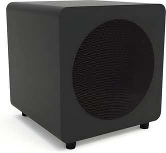 Kanto SUB8 svart subwoofer i matt svart hölje med slät yta, kubisk form med rundade hörn och ett stort perforerat cirkulärt galler på framsidan, står på fyra fötter, sedd snett framifrån