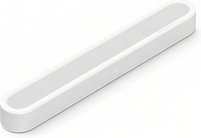 Hvid Sonos Beam Ultra-soundbar set ovenfra med frontgitter og berøringsbetjening på toppen
