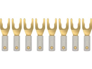 Conjunto com 8 terminais tipo garfo Wireworld Uni-Term gold para cabos de coluna, hastes douradas e corpo prateado texturizado