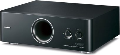 Subwoofer Yamaha YST-FSW150, obudowa matowa czarna, błyszczący czarny front, głośnik okrągły, regulacje