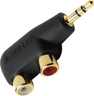 Audioquest 3,5 mm til RCA adapter sort med forgyldt han-jack og to røde og hvide hun-RCA-stik