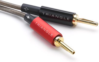 Triangle BP450 red and black banana plugs with gold-plated connector on speaker audio cable, close-up