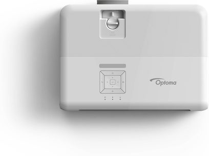 Optoma UHD40 hvid videoprojektor set forfra med linse, sensor og kontrolknapper øverst