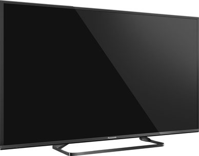 Panasonic TX-55CX680E tv set forfra, sort skærm slukket, smal sølvfarvet ramme, centralt metalstativ