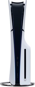 Frontvisning af en sort Sony PlayStation 5 Slim-konsol i en slank, lodret form med USB-porte og Blu-ray-drev