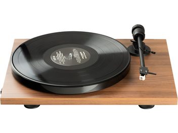 Pro-Ject E1 BT AT3600L hi-fi turntable with a black circular platter, black tonearm, and a rectangular walnut-finish base.