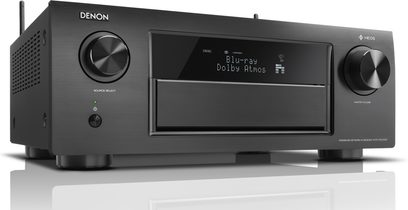 Denon AVR-X6400H sort hjemmebiografsforstærker, set forfra, sort front med LCD-skærm, kontrolknapper og drejeknapper