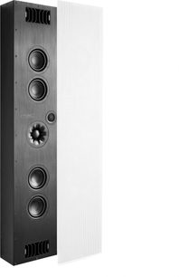 Enceinte encastrable PMC Ci140 noire, vue de face, avec 4 haut-parleurs ronds et 1 tweeter, sur fond blanc et gris