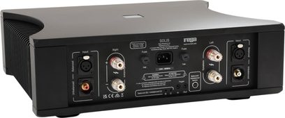 Amplificatore integrato stereo Rega Solis nero, vista posteriore con morsetti per diffusori, ingressi XLR e RCA