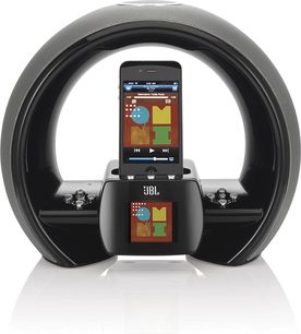 JBL On Air Wireless sort dockingstation, set forfra, med dock til smartphone der viser et farverigt musikgrænseflade, to runde højttalere på hver side