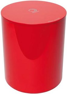 Elipson Planet Sub red lacquered cylindrical subwoofer, front view, with a smooth and glossy surface