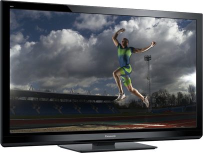 Panasonic TX-PF50G30 fladskærms-tv, der viser en atlet i grøn og blå dragt, der springer på en skyfuld atletikstadion