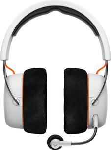 Білий Beyerdynamic MMX 150 WL, тканинні накладки навушників навколо вуха, гнучкий штанговий мікрофон, помаранчеві акценти, вигляд спереду