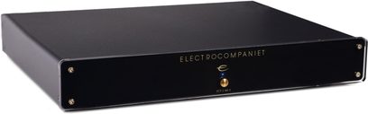 Electrocompaniet ECP-2 MKII sort phono-forforstærker, frontvisning, frontpanel med gylden logo og drejeknap