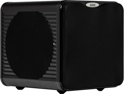 Velodyne MicroVee X sort subwoofer set i trekvart vinkel med sort frontgitter og riflede sider
