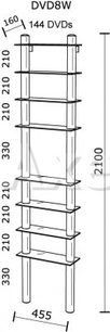 Spectral DVD8W hi-fi møbel, frontvisning, 8 hylder til 144 DVD'er, lodret metalramme med fødder, detaljerede dimensioner vist på diagrammet
