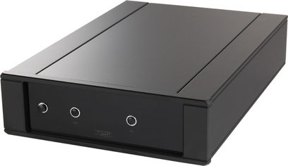 Hi-fi pladespiller Rega Planar 10 i mat sort med Apheta 3 MC-pickup, set forfra i let nedadgående vinkel med låget lukket