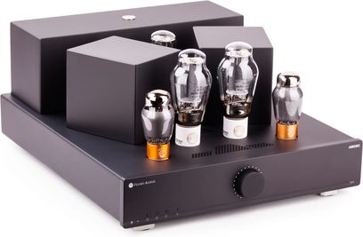 Amplificatore a valvole Feliks Audio Arioso 300B nero, vista a tre quarti, con quattro valvole visibili e grande manopola centrale